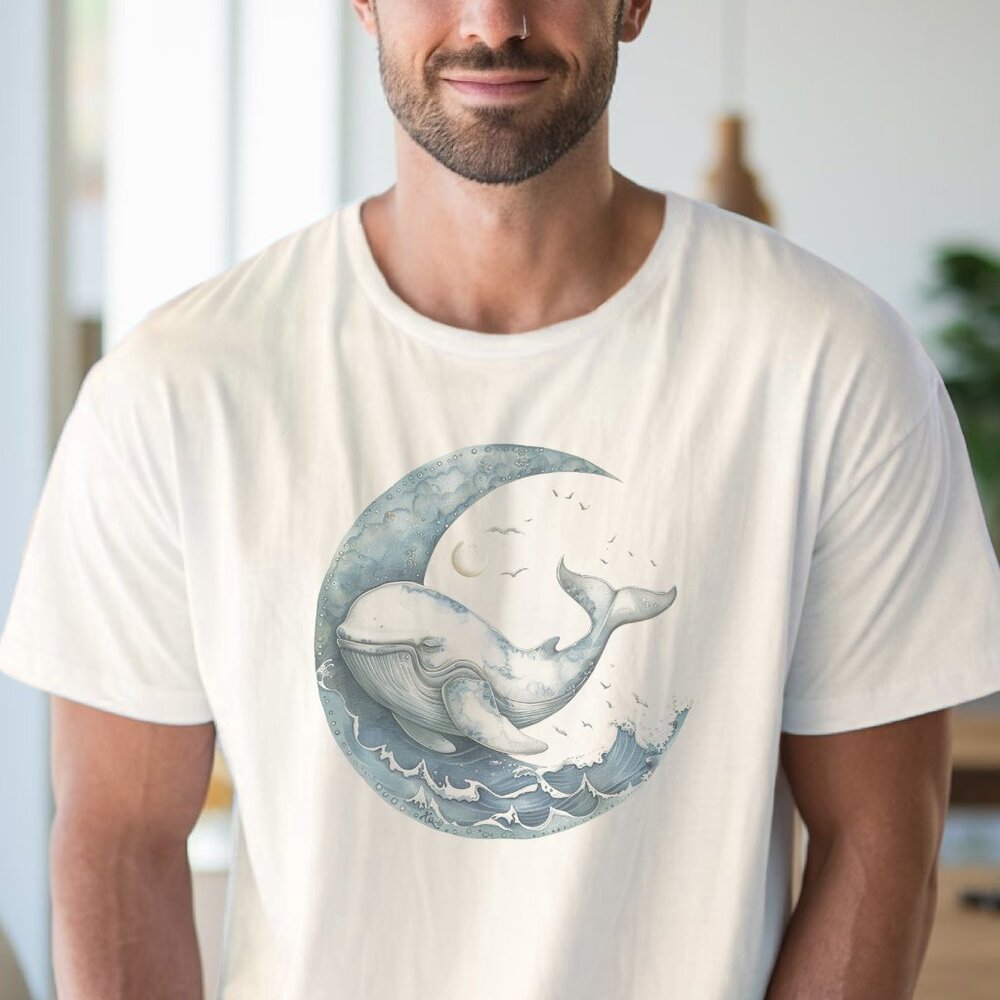 Moon Whale Shirt Celestial Ocean Tee Graphic Nautical Top - Picture 4 of 6